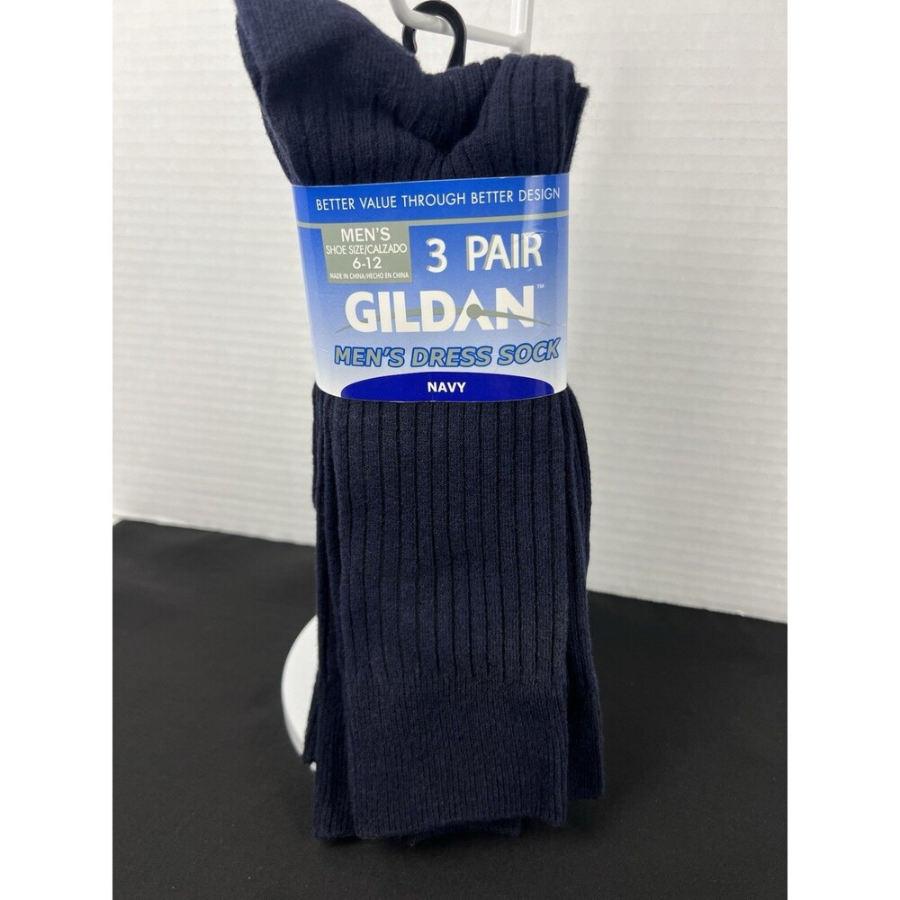 NEW Gildan Men's 3-Pair Navy Dress Crew Socks Shoe Size 6-12